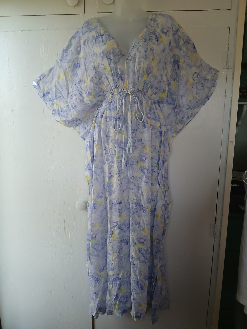 Rujuta Sheth Lightweight Floral Caftan Dress in Blue Lavender Pale Yellow SZ OZ